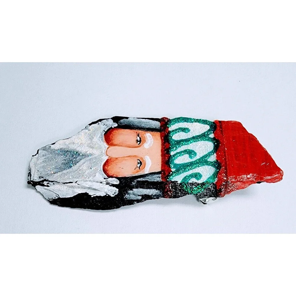 Santa Claus Brooch Pin Signed Folk Art Christmas Artisan Slate